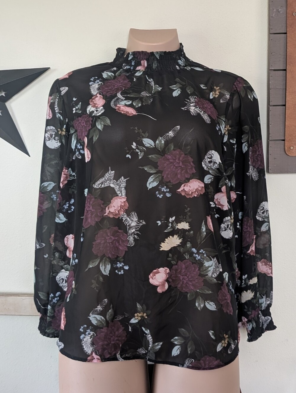 Sz2X Torrid Chiffon Skull Sheer Smocked Mock Neck Blouse
